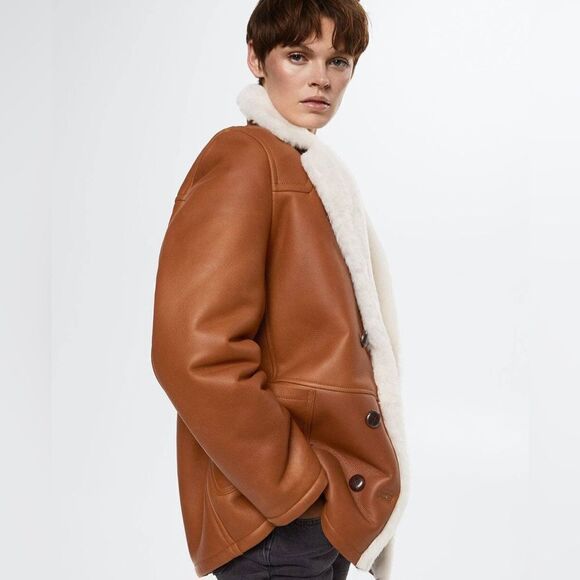 Mango Genuine Leather Shearling Lined Jacket - Picture 9 of 17